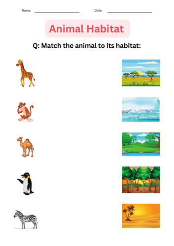 printable matching activity animal habitats worksheets for grade 1, 2, 3