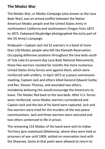 The Modoc War Handout