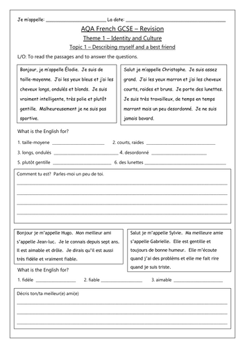 FRENCH GCSE  REVISION - THEME 1 & TOPICS 1,2,3 & 4