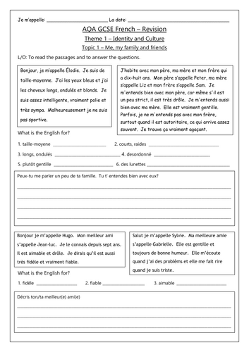 FRENCH AQA GCSE  - THEME 1 - TOPICS 1,2,3 & 4