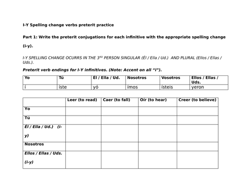 I-Y Spelling change verbs preterit practice