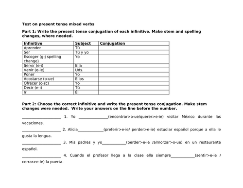 Test on present tense mixed verbs