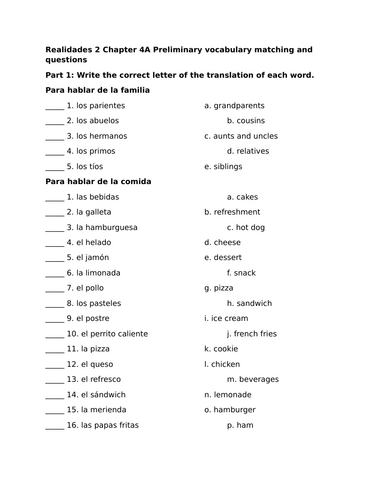 Realidades 2 Chapter 4A Preliminary vocabulary matching and questions