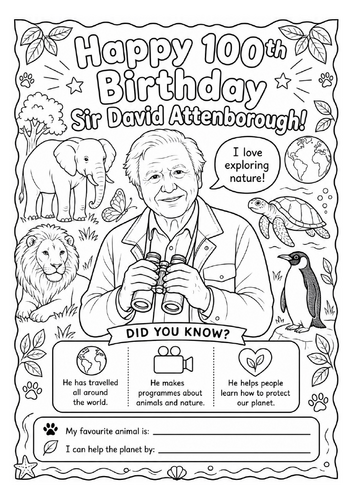 David Attenborough 100th Birthday Colouring Sheet | KS1 & KS2 | Nature Activity