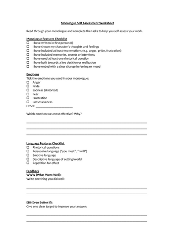 Monologue Self Assessment Worksheet