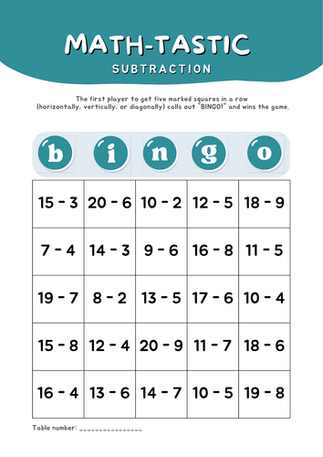 Interactive Math Bingo Sets (Numbers within 20)