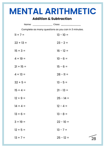Addition and Subtraction Mental Maths (Numbers within 30)