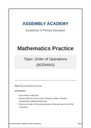 KS2 Year 6 Maths SATs Practice: BODMAS & Order of Operations Booklet