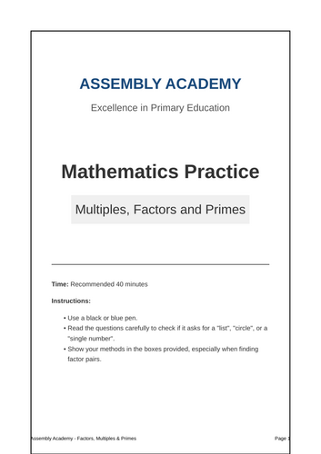 KS2 Year 6 Maths SATs Practice: Factors, Multiples & Primes Booklet