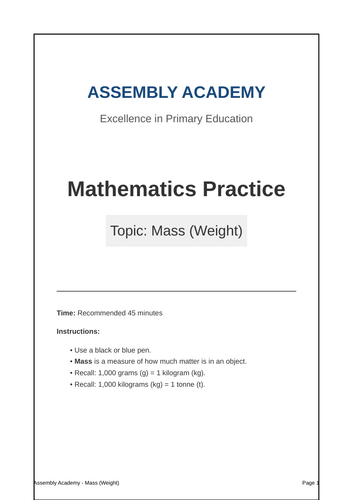 Year 6 SATs Mass (Weight) Revision & Practice Booklet | Assembly Academy