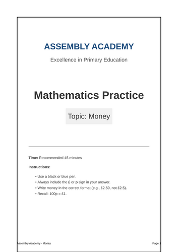 Year 6 SATs Money Revision & Practice Booklet | Assembly Academy