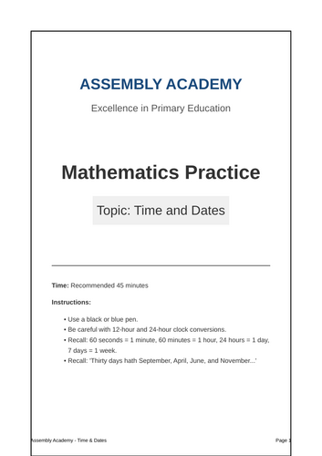 Year 6 SATs Time and Dates Revision & Practice Booklet | Assembly Academy