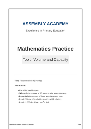 Year 6 SATs Volume and Capacity Revision & Practice Booklet | Assembly Academy