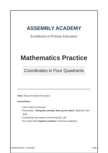 Year 6 SATs Coordinates in Four Quadrants Practice Booklet | Assembly Academy