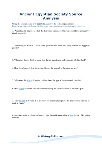 Ancient Egyptian Society Source Analysis Worksheet