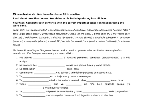 Mi cumpleaños de niño: Imperfect tense fill in practice