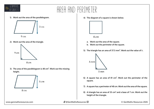 Area and Perimeter - Maths GCSE Foundation Worksheet