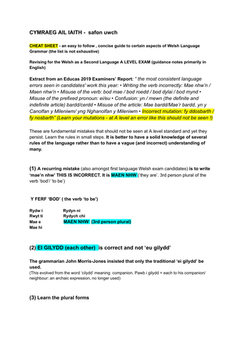 A LEVEL WELSH SECOND LANGUAGE "Cheat Sheet" last minute grammar revision sheet