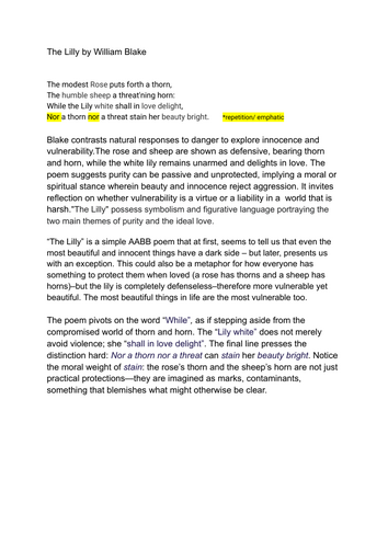 "The Lilly" by William Blake : A LEVEL ENGLISH poetry analysis