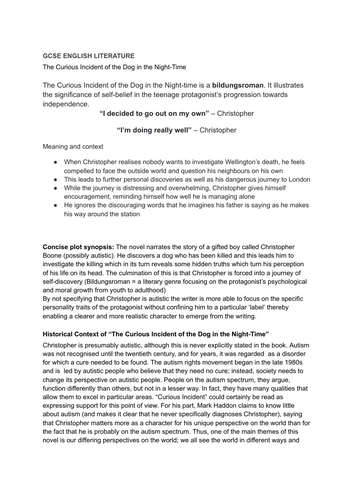 "The Curious Incident of the Dog in the Night Time" GCSE ENGLISH LITERATURE