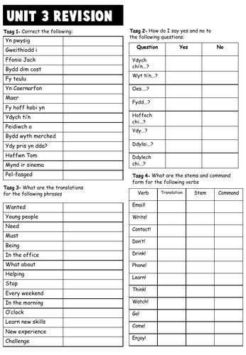 Unit 3 Cymraeg Ail Iaith Revision Worksheet