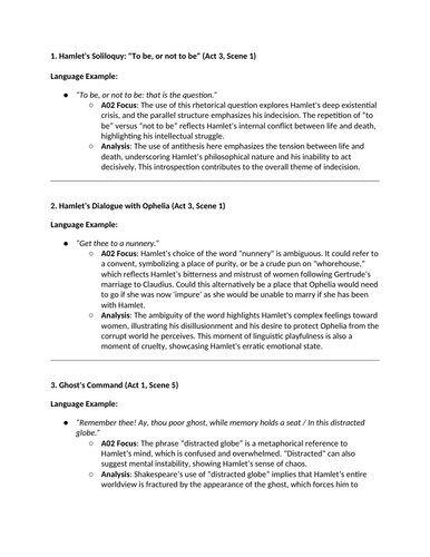 A Level Literature OCR Hamlet Part A - Analysis and sentence stems