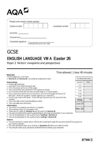 AQA GCSE English Lang p2 practice paper