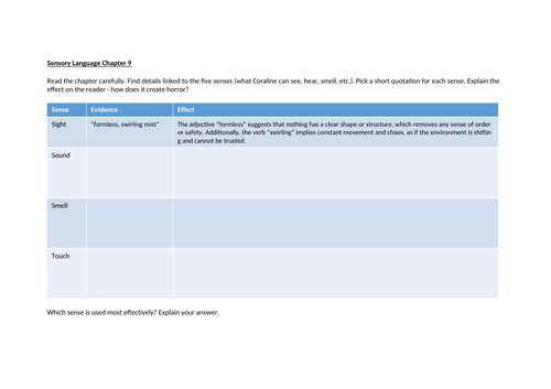 Coraline - Sensory Language Worksheet