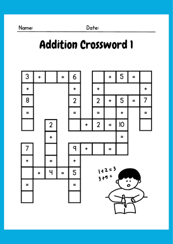 Addition Crossword Puzzle Worksheet (Numbers within 10 and 20)