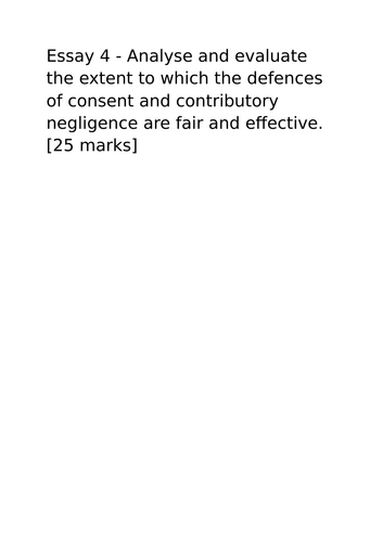A-Level Law: 2019 Tort Defences Evaluation Plan + Model - Eduqas Tort Law