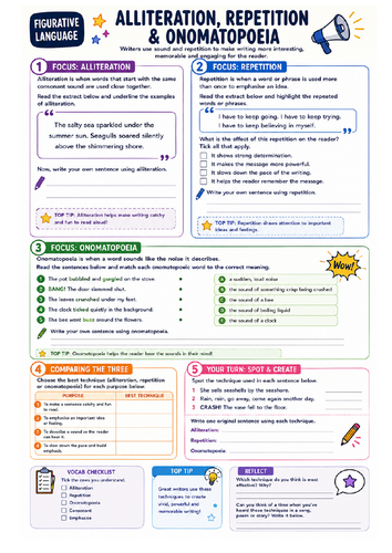 Figurative Language: Alliteration, Repetition & Onomatopoeia Worksheet