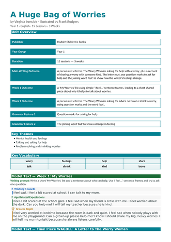 A Huge Bag of Worries | Year 1 English Unit | 15 Complete Lessons + Resources + Marking Scheme