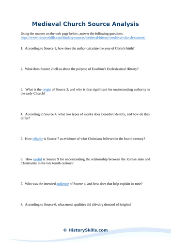 Medieval Catholic Church Source Analysis Worksheet