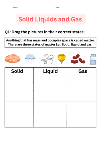 Printable Solid Liquids and Gas Worksheets for Grade 1, 2, 3