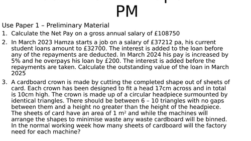 AQA Core Maths Paper 1 - 2026 - Preliminary Material Activities