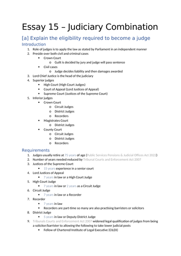 A-Level Law: 2019 Judiciary Combination Plan + Model - Eduqas English Legal Systems