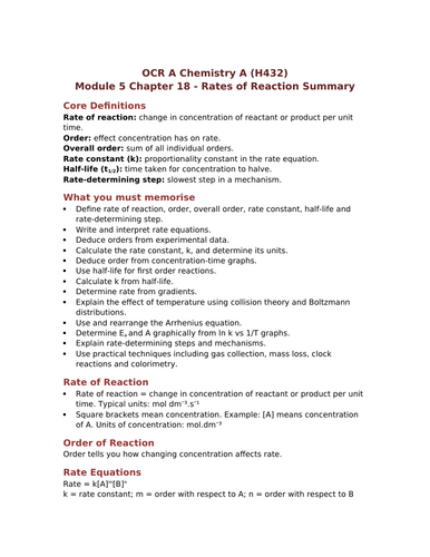 OCR A A Level Chemistry Rates of Reaction Complete Editable Revision Summary (5.1.1) Chapter 18