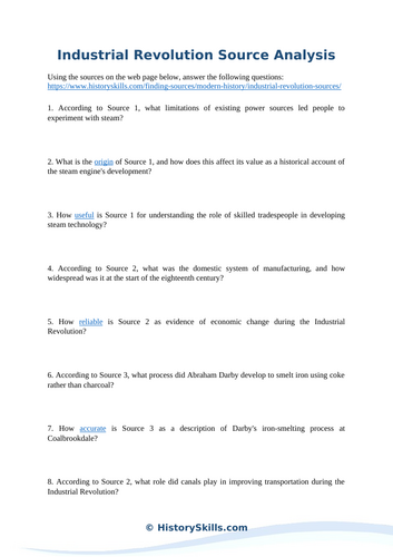 Industrial Revolution Source Analysis Worksheet