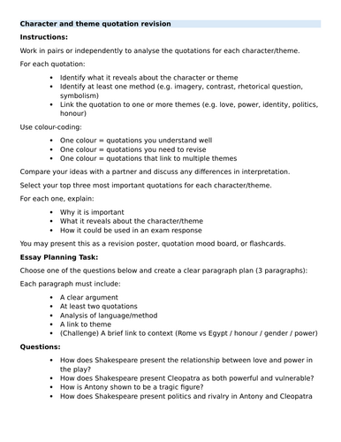 Antony and Cleopatra Character and Theme Quotation Revision