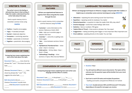 Functional Skills English Reading Level 2 Revision Sheet/Map - Language Tecniques, Comparison, Tone