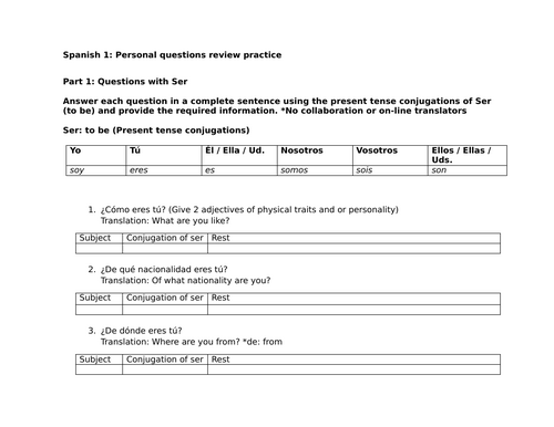 Spanish 1: Personal questions review practice