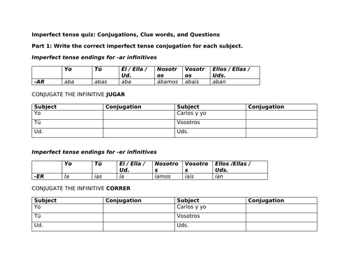 Imperfect tense quiz: Conjugations, Clue words, and Questions