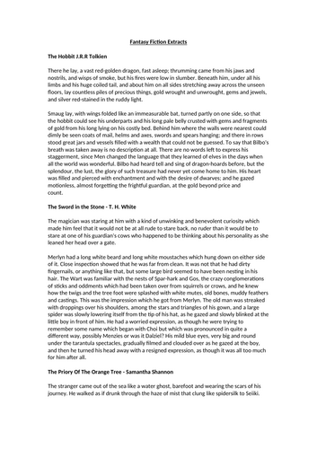 Fantasy Fiction Extracts Worksheet