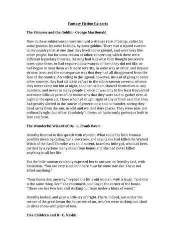 Fantasy Fiction Extracts Worksheet