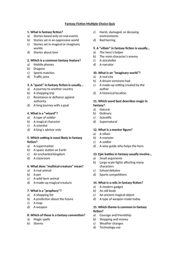 Fantasy Fiction Multiple Choice Quiz