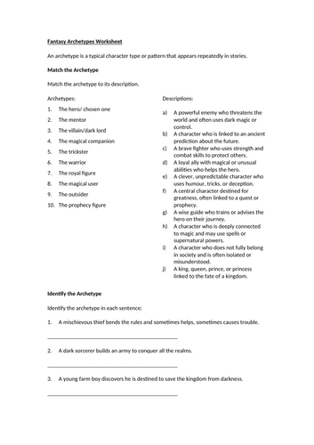 Fantasy Archetypes Worksheet