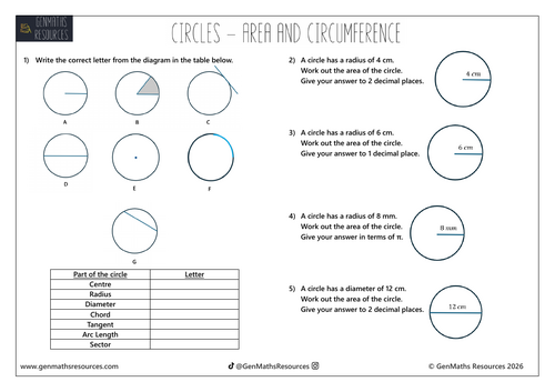 Circles - Area and Circumference GCSE Maths Worksheet