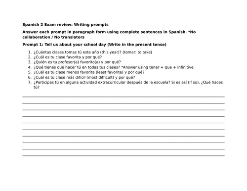 Spanish 2 Exam review: Writing prompts