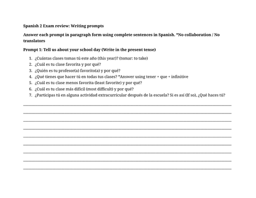 Spanish 2 Exam review: Writing prompts