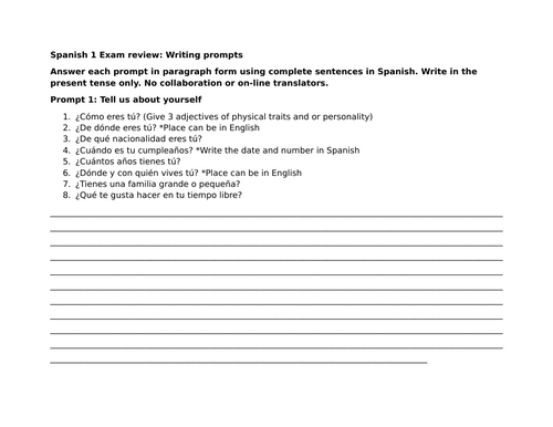 Spanish 1 Exam review: Writing prompts
